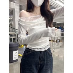 Pure lace spliced ​​off-shoulder T-shirt underwear slim body