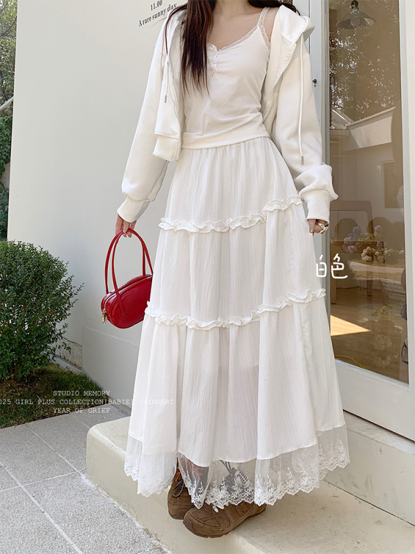 Gentle style black ears lace spliced ​​super fairy skirt for women new high-waisted slim drooping large hem skirt