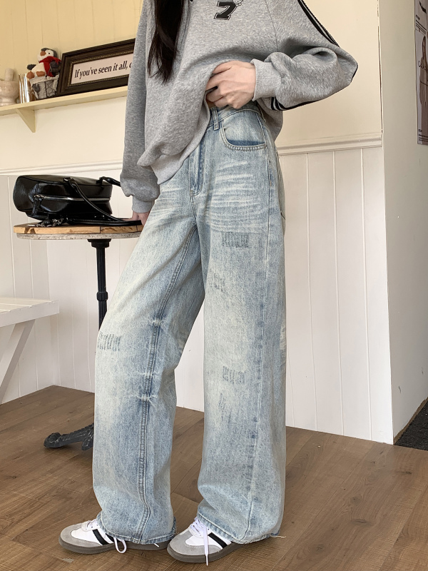 Washed retro straight-leg pants for women in early spring new high-waist wide-leg floor pants loose trousers