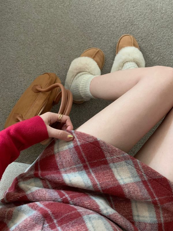 Retro plaid wool skirt with high waist slim mid-length A-line hip
