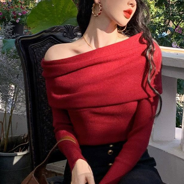 Spring one-length off-shoulder red sweater base shirt for women in spring and autumn design style for women in women with knitted top