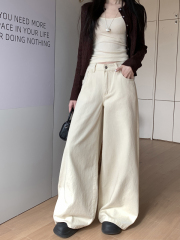 Apricot black brown retro droopy high waist wide-leg jeans for women's spring new loose straight floor trousers