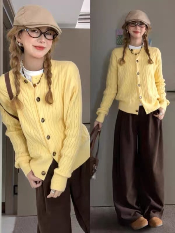 High-end yellow knitted sweater jacket for women's spring and autumn new lazy style cardigan short top