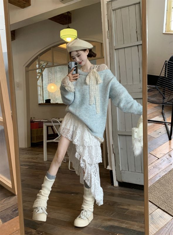 Bow tied sweater for women in autumn and winter high-end soft glutinous top + base shirt + skirt
