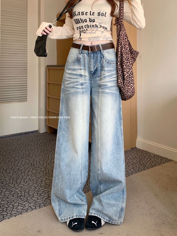 New spring loose jeans for women wash design straight wide-leg floor trousers