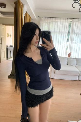 Spring new American retro fake two-piece long-sleeved T-shirt spliced ​​contrasting hot girl top