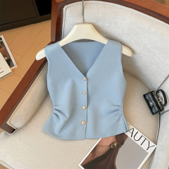 Korean style sleeveless single-breasted fashionable vest cardigan for women in autumn new pleated solid color knitted top