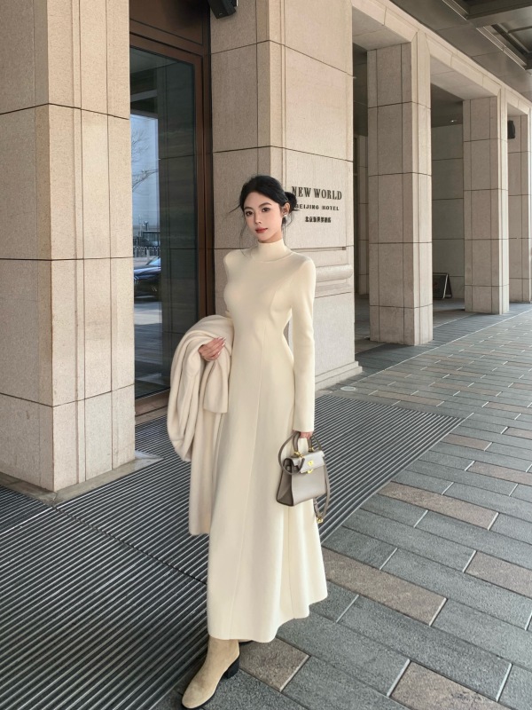 Temperament high-end slim half-high neck knitted dress long sweater jacket cardigan