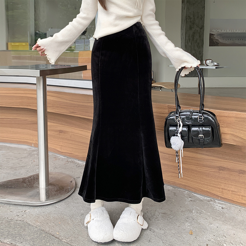 velvet thickened velvet fishtail skirt autumn and winter new hip-covered high-waisted slimming skirt mid-length skirt