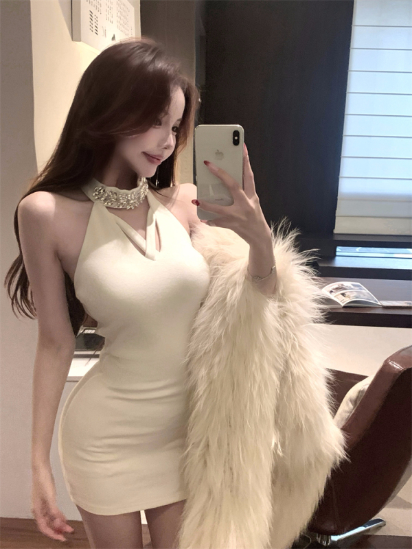 Heavy Industry Horticulture Neck Stud Design Pure Sexy Party Skirt Base Dress Women