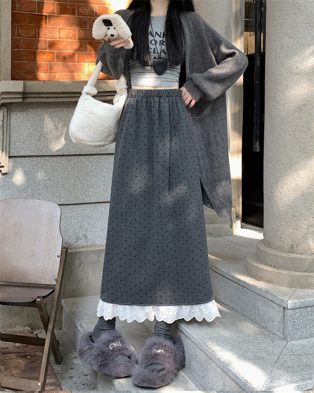 New autumn and winter polka dot wool lace spliced ​​skirt for women's elastic waist A-line straight midi skirt
