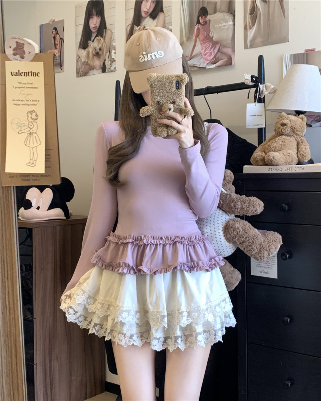 Ballet sweet style ruffle bottoming shirt 2025 early spring new round neck long sleeve slim T-shirt