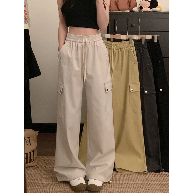 2025 spring personalized work pants for women elastic waist drawstring tie feet straight casual loose wide-leg pants