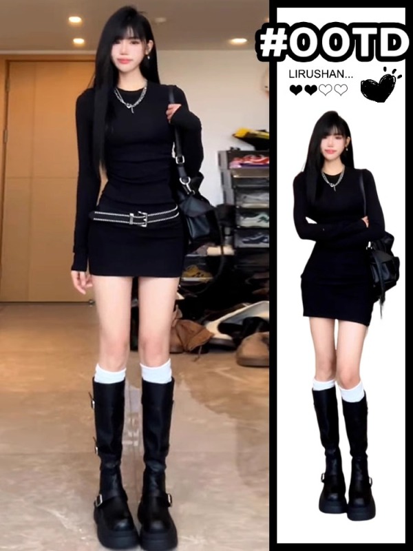 Black sexy hot girl hip-pack dress for women's autumn and winter new style with coat underwear base stop skirt