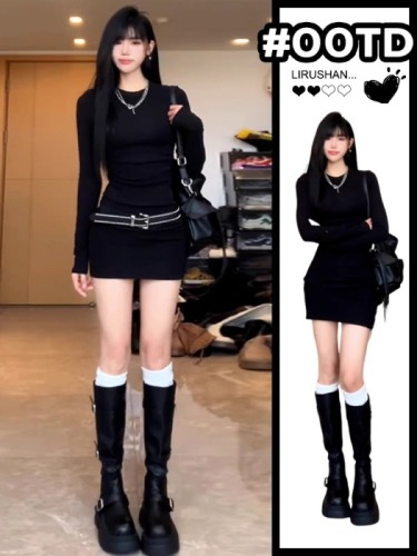 Black sexy hot girl hip-pack dress for women's autumn and winter new style with coat underwear base stop skirt