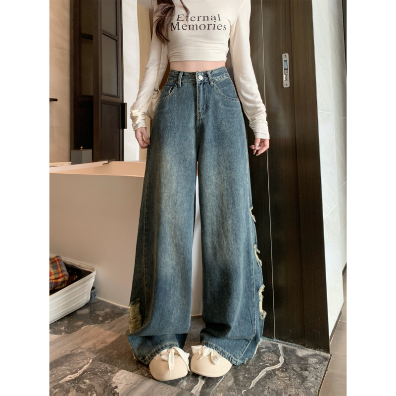 Large size niche high street ripped jeans washed retro worn personalized splicing straight wide-leg floor trousers