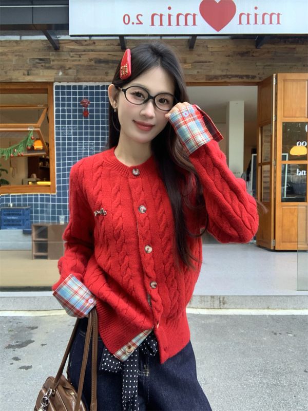 Wool blended embroidered checked spliced ​​sweater winter college versatile casual knitted sweater cardigan