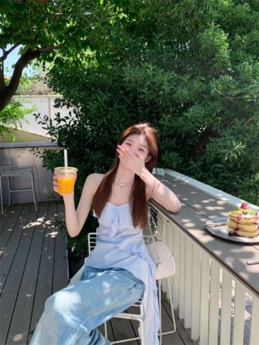 Korean holiday style layered suspender vest iris dress