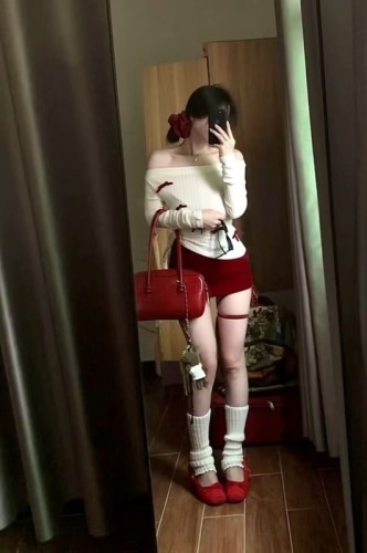 Velvet bow, one-length collar base shirt for women in autumn and winter warm long-sleeved top + red skirt