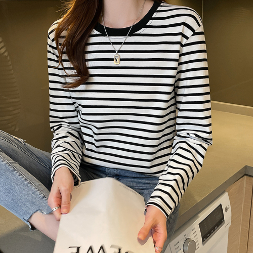 Pure cotton T-shirt women's long-sleeved striped spring and autumn loose base shirt