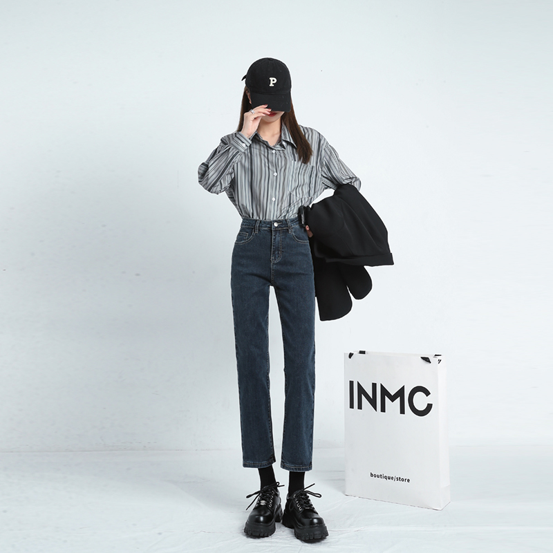 Straight spring jeans for women new high-waisted slimming nine-point small cigarette pants