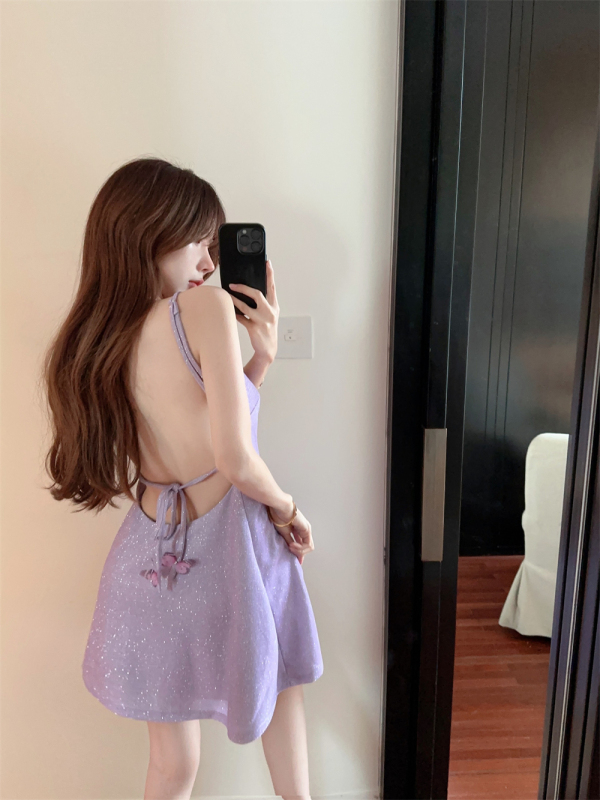 Butterfly design high-quality texture cross-backless suspender skirt small short skirt dress