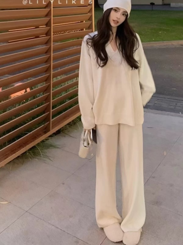 Lazy style pure cashmere suit for women fashion open collar loose sweater two-piece wide-leg pants knitted large-size wool sweater