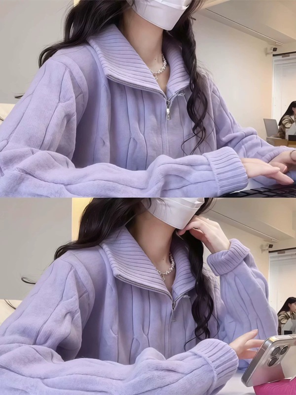 Taro purple twist zipper half turtleneck sweater jacket for women new winter warm dressing dopamine top