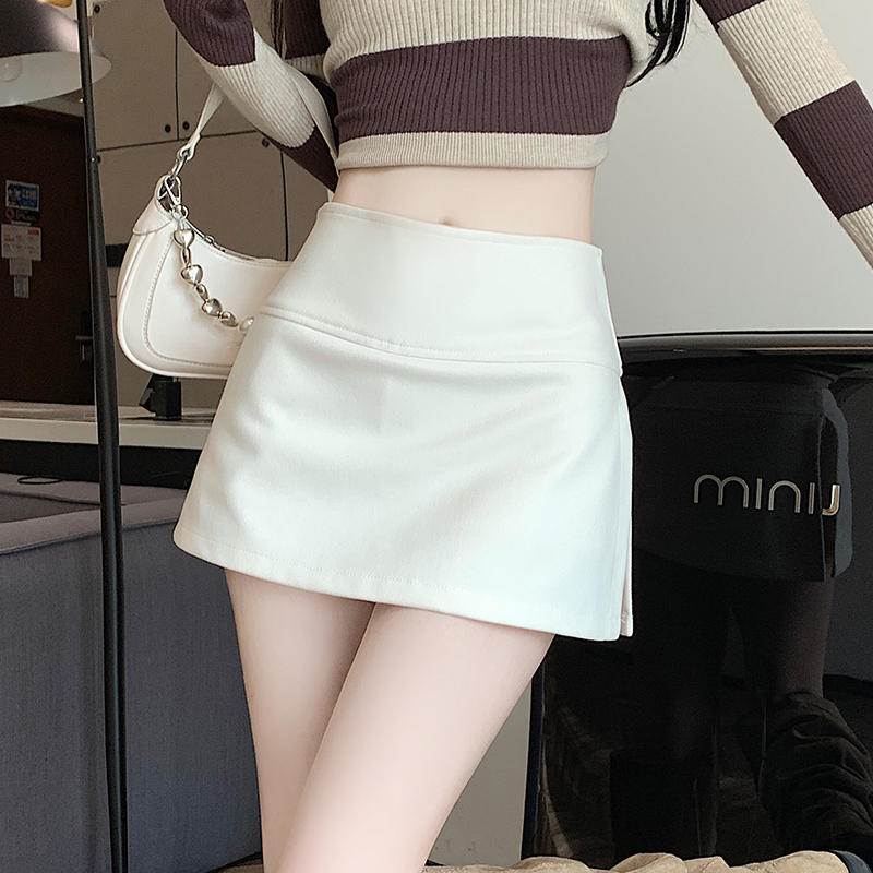Slit woolen A-line skirt for women in autumn and winter new high-waisted hip skirt anti-exposure one-step skirt short skirt