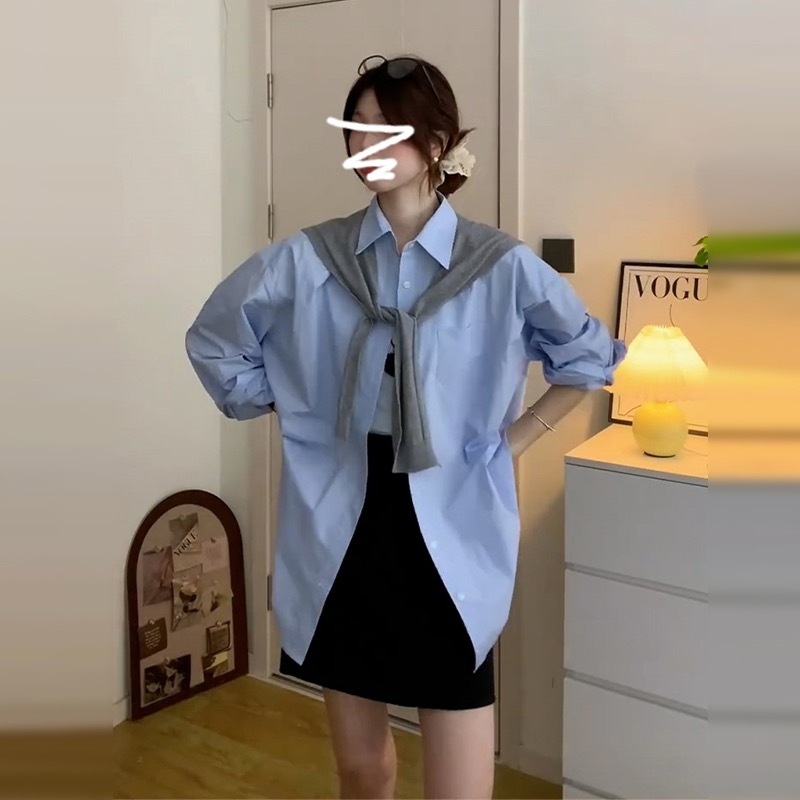 Blue long-sleeved shirt for women new Korean style high-end inner shirt beautiful shirt top jacket
