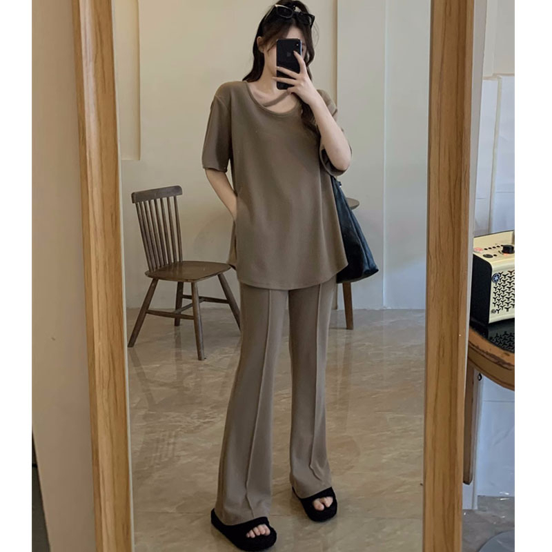 Large size summer loose lazy style solid color suit short-sleeved T-shirt high-waisted slimming two-piece set