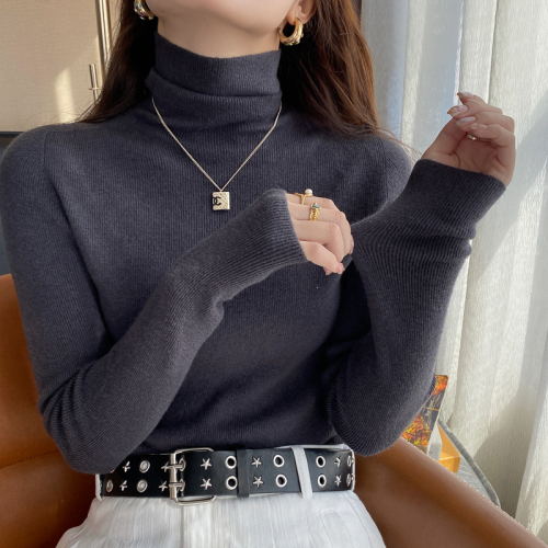 Blue cashmere turtleneck sweater for women in autumn and winter new high-end top knitted pile collar base shirt