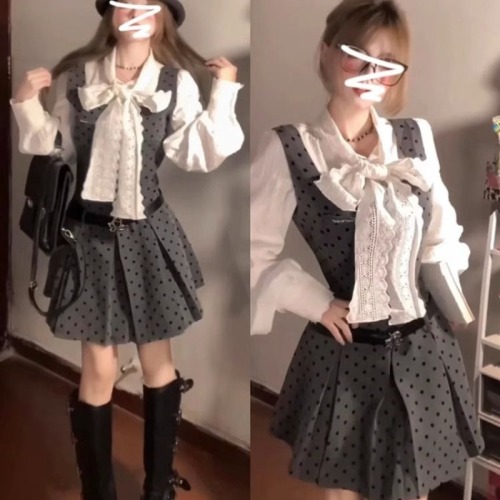 Xiaoxiang Academy Fengbo Point Strap Dress Women's Spring and Autumn New French Shirt Temperament Set