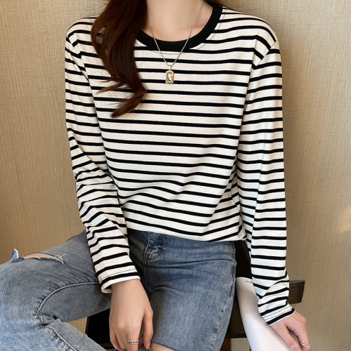 Pure cotton T-shirt women's long-sleeved striped spring and autumn loose base shirt
