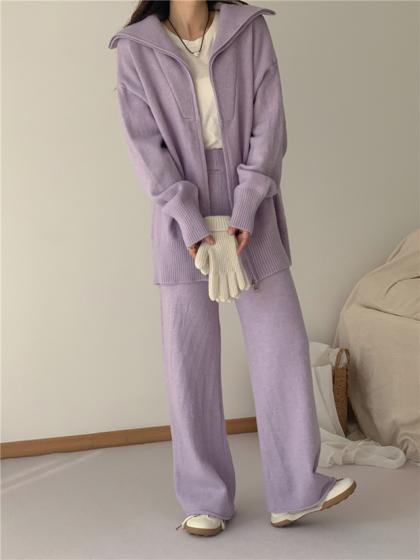 Temperamental lady fashion sweater set knitted cardigan casual wide-leg pants two-piece set