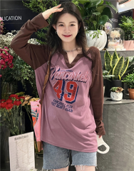 Korean style casual cartoon printed loose V-neck long-sleeved T-shirt top