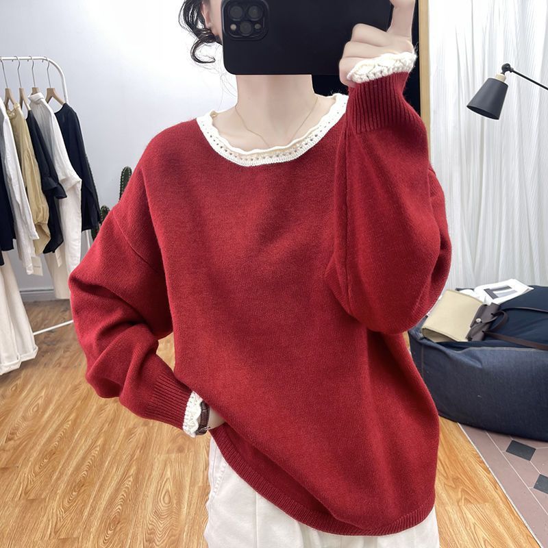Round neck large size base sweater autumn and winter lace collar thickened color-blocking sweater women's age-reducing loose top