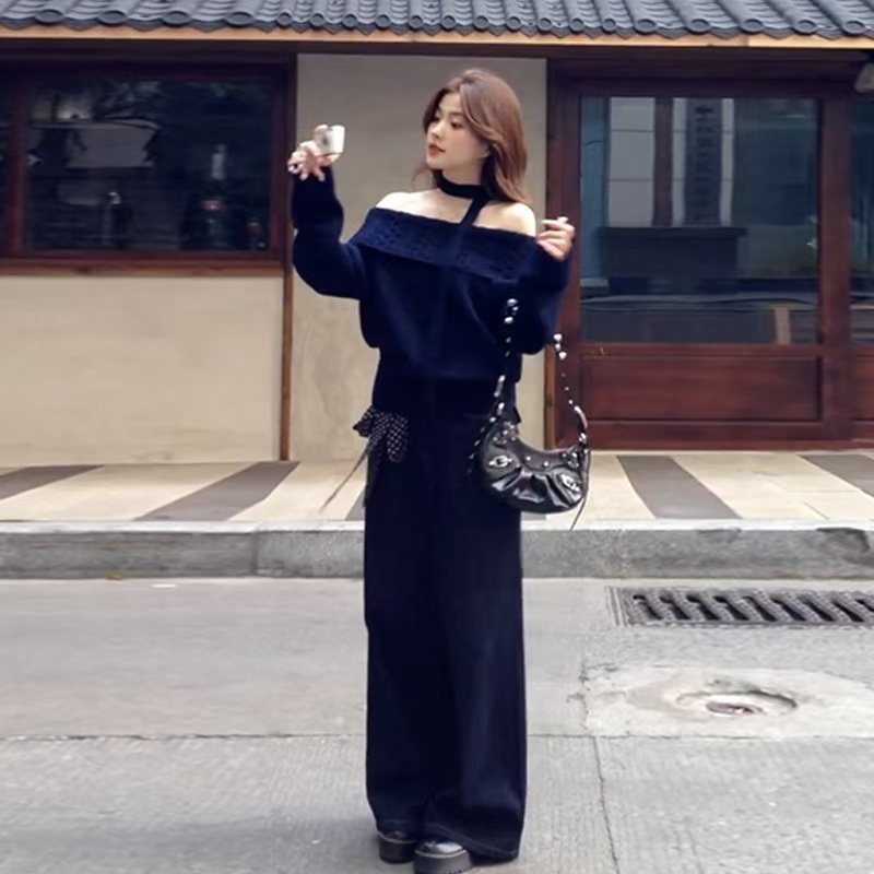 Gray one-shoulder scarf sweater for women in autumn and winter new pure sexy knitted top