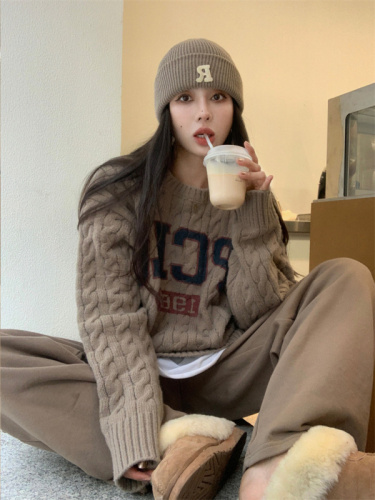 Letter printing loose Korean style versatile knitted sweater for women