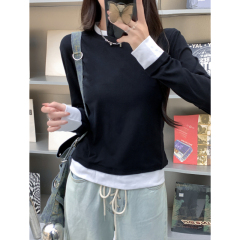 Spring long-sleeved T-shirt women's fake two-piece splicing top