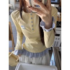 Yellow spliced ​​plaid fake two-piece long-sleeved T-shirt for women 2025 spring small slim base shirt