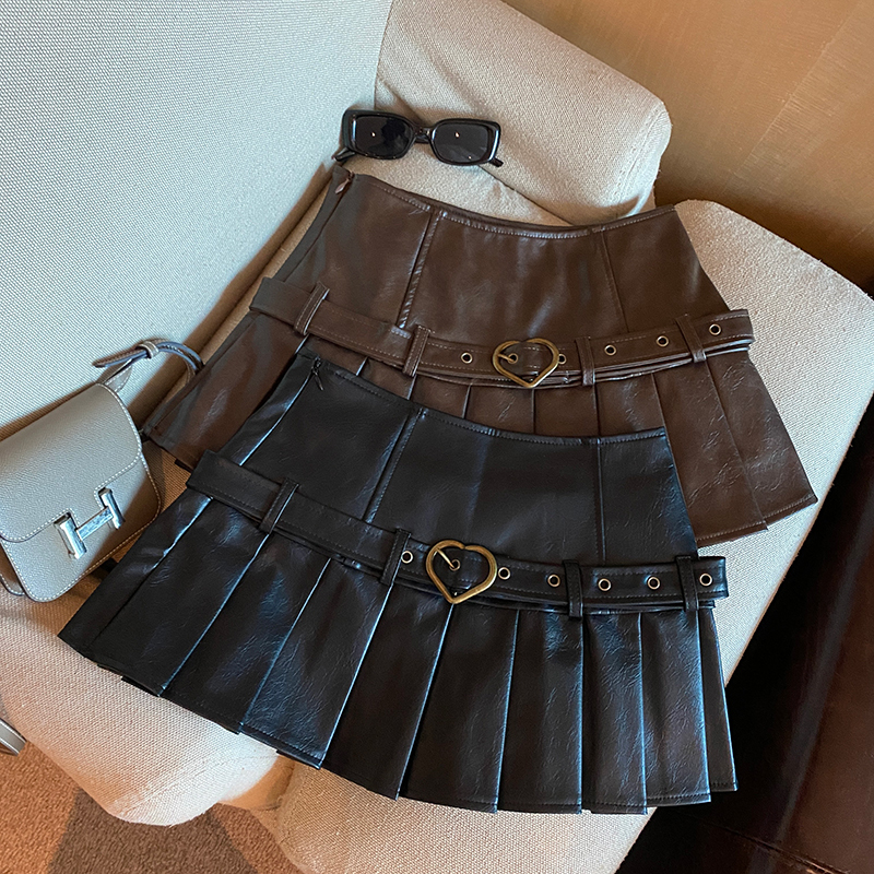 Retro PU leather short skirt American hot girl high waist skirt A-line sexy pleated skirt women