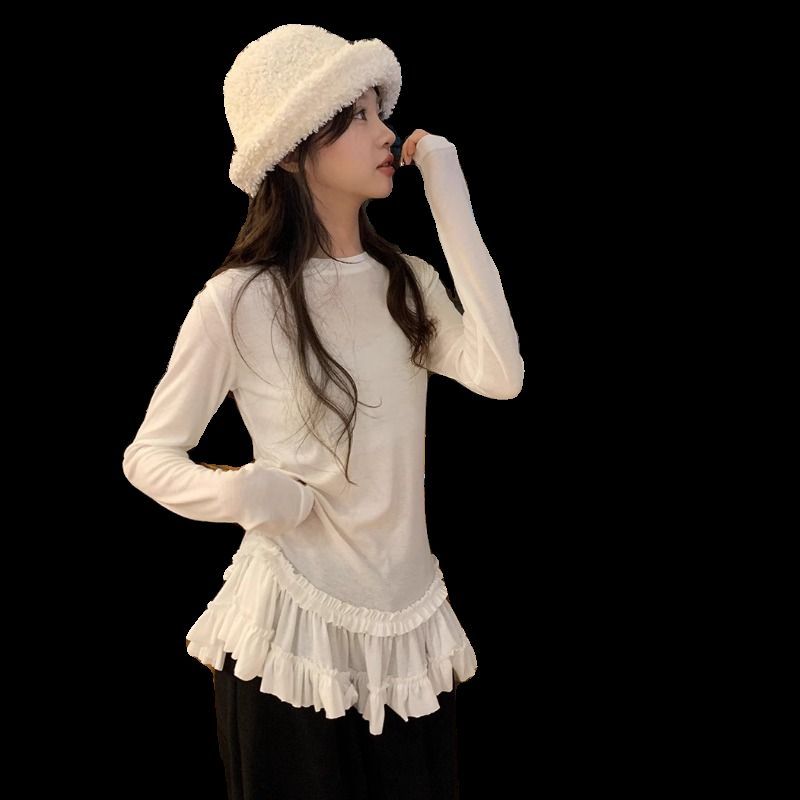 Ballet style lace long-sleeved T-shirt large size women's decorative base shirt top