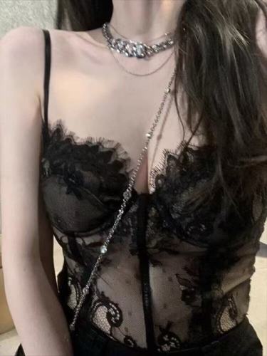 French small suspender vest suit sexy beautiful strap chest pad fishbone lace top