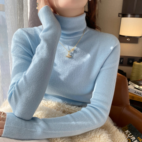 Blue cashmere turtleneck sweater for women in autumn and winter new high-end top knitted pile collar base shirt