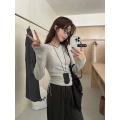 Autumn Korean version of loose round neck drawstring versatile lazy 6 wool sweater long-sleeved base top