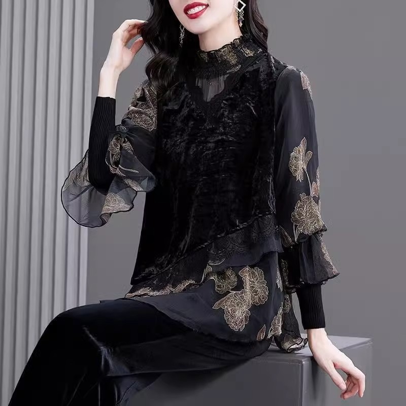 High-end velvet fashionable and versatile fashionable casual lace spliced ​​top for women