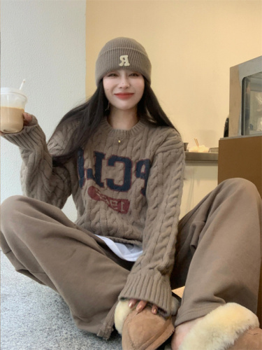 Letter printing loose Korean style versatile knitted sweater for women