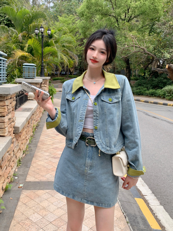 Spliced ​​design retro short denim jacket skirt fashion suit two-piece set