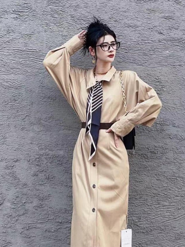 Traveler autumn high-end stand collar windbreaker dress for women French loose long waist